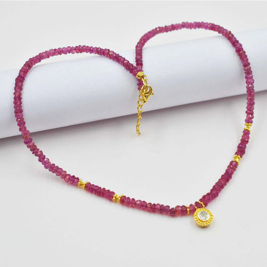 Natural Ruby Beaded Necklace with Polki Flat Cut Diamond Pendant - view 3