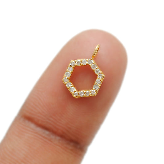 14k Yellow Gold White Diamond Minimalist Hexagon Charm 8mm