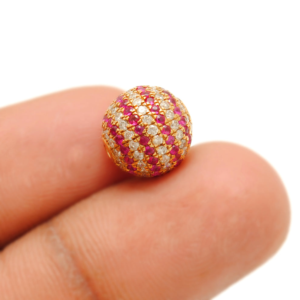 14K Solid Yellow Gold Pave Diamond & Ruby Ball Beads 10 mm