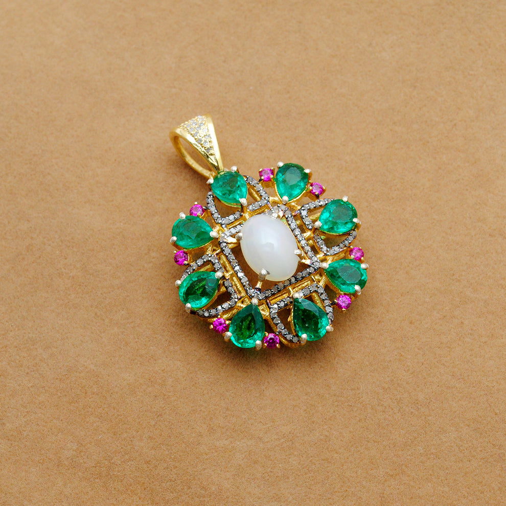 Sterling Silver Pave Set Diamond & Multi-Gemstone Pendant