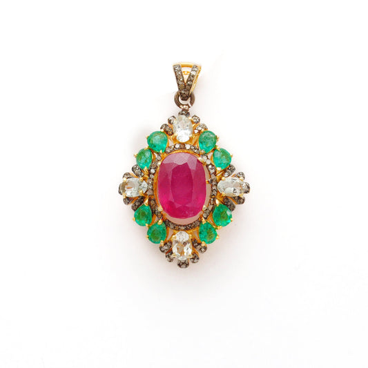 925 Silver Ruby, Emerald & Topaz Pendant with Pavé Diamond Accents