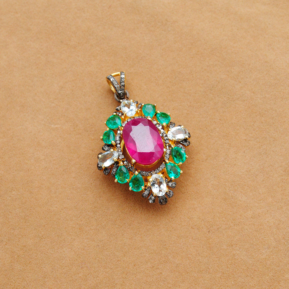925 Silver Ruby, Emerald & Topaz Pendant with Pavé Diamond Accents