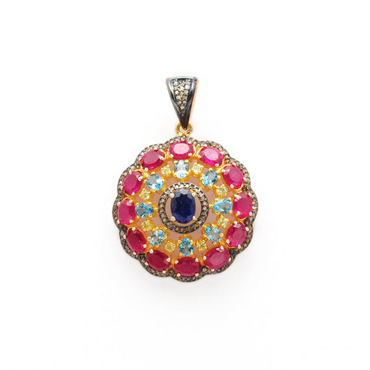 925 Sterling Silver Pave Diamond Pendant with Ruby, Blue Topaz, Sapphire & Peridot