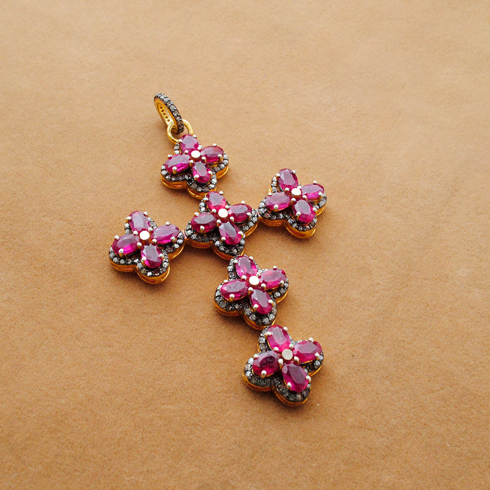 Ruby & Pavé Diamond Pendant – Gold Plated Sterling Silver
