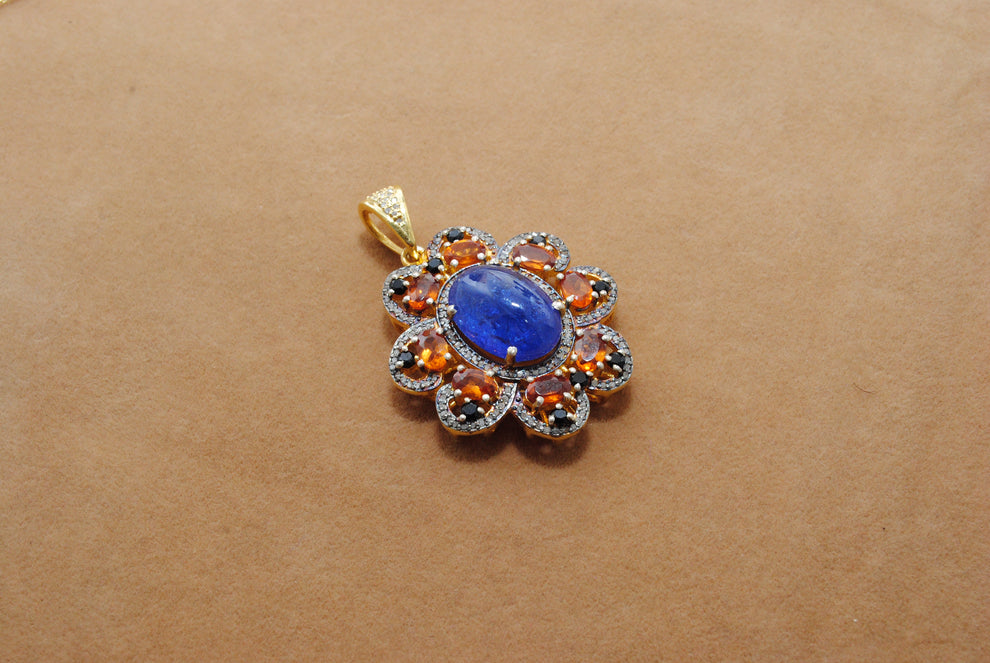 Tanzanite, Sapphire & Black Spinel Pendant with Pavé Diamonds – Gold Plated Silver