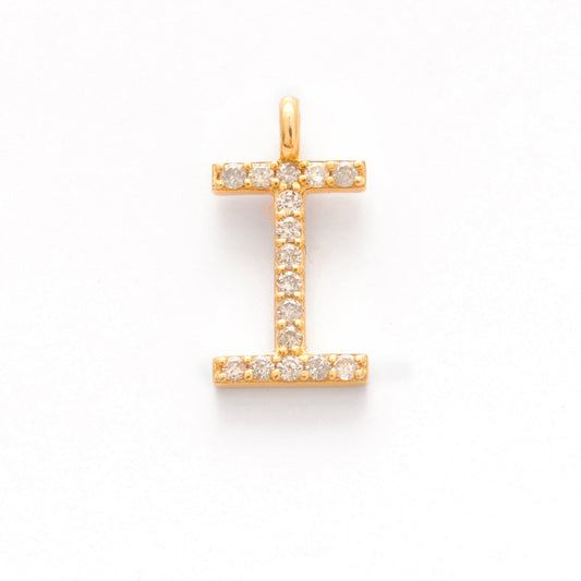 14k Yellow Gold White Diamond I Initial Alphabet Charm Pendant