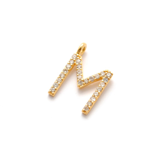 14k Solid Yellow Gold White Diamond M Initial Alphabet Charm