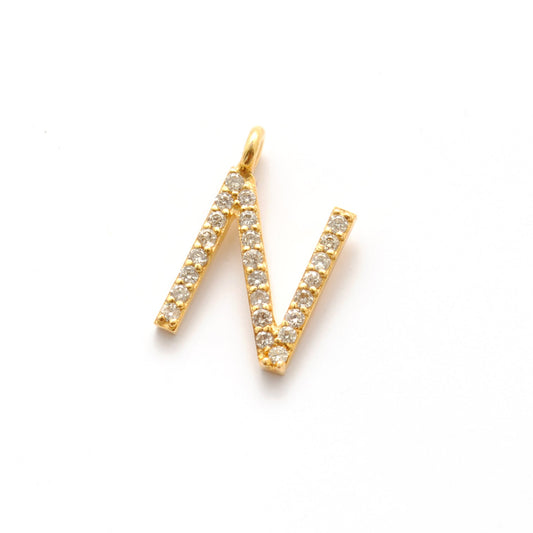 14k Yellow Gold Pave Diamond N Initial Letter Charm Pendant - Sar Gems