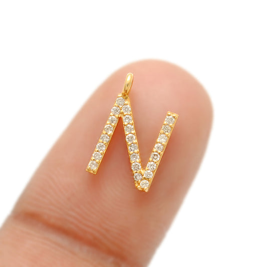 14k Yellow Gold White Diamond N Initial Letter Charm Pendant