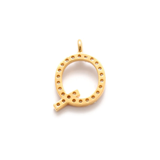 14k Solid Yellow Gold White Diamond Q Initial Alphabet Charm Pendant