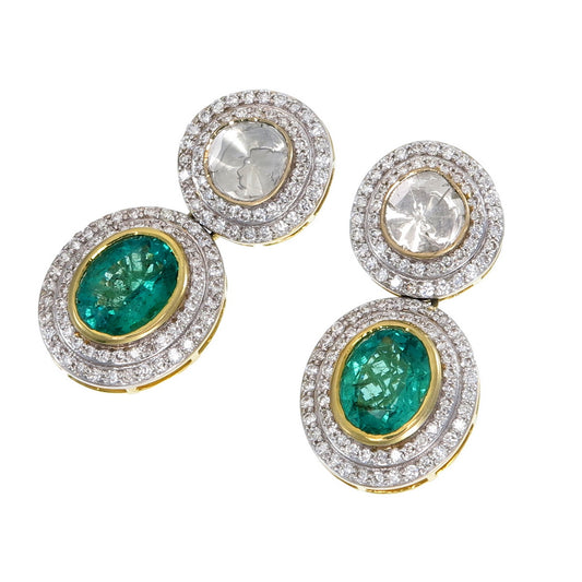 Emerald and Polki Diamond Double Oval Earrings