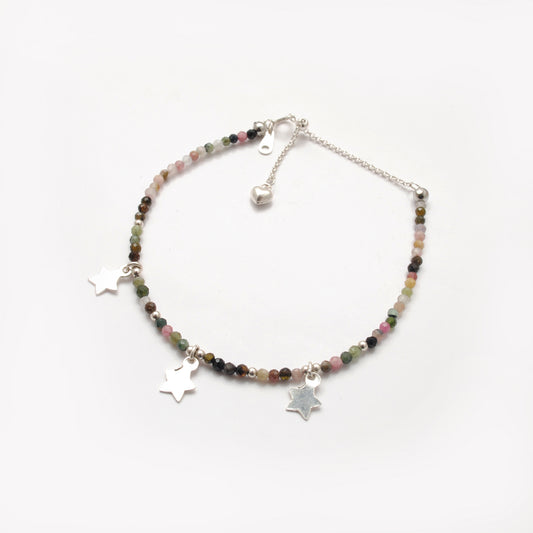 Natural Multi Tourmaline Beads With 925 Silver Charm Bracelet