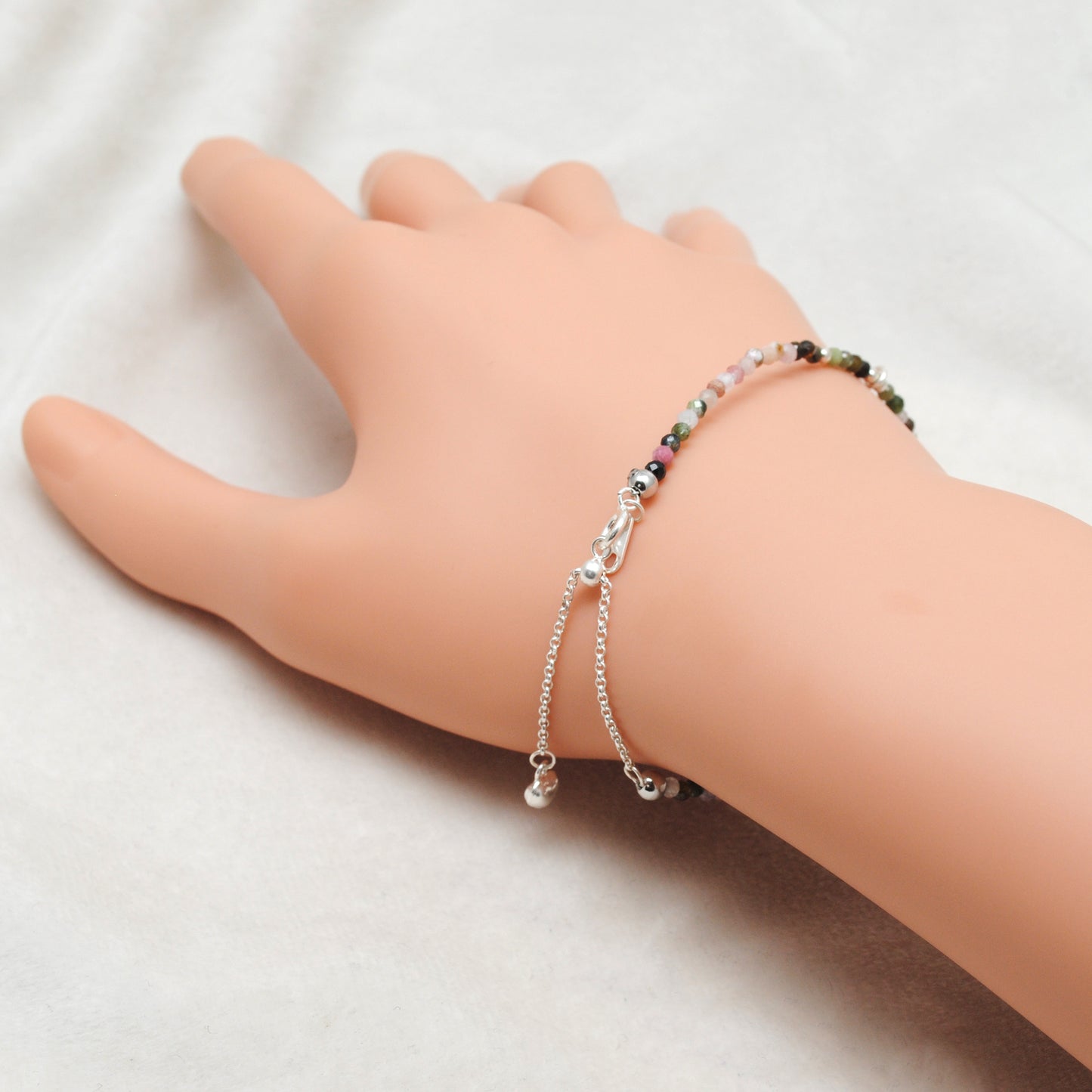 Natural Multi Tourmaline Beads With 925 Silver Charm Bracelet