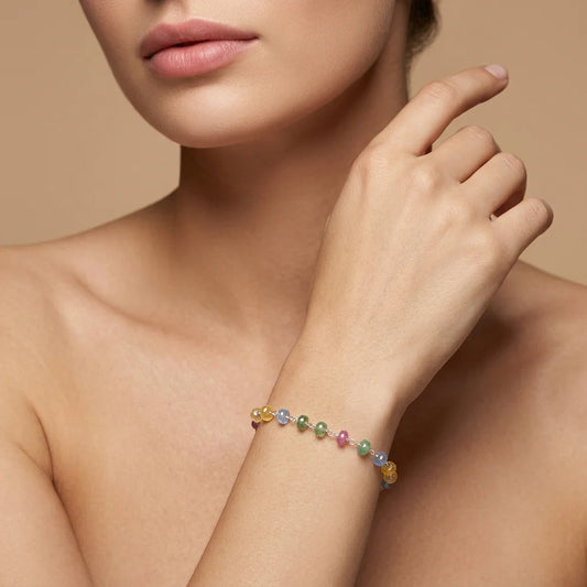 Handmade Natural Multi Sapphire 5mm Beaded Bracelet – 925 Sterling Silver Chain