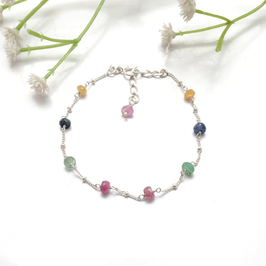Multi Sapphire Faceted Beads Silver Bracelet