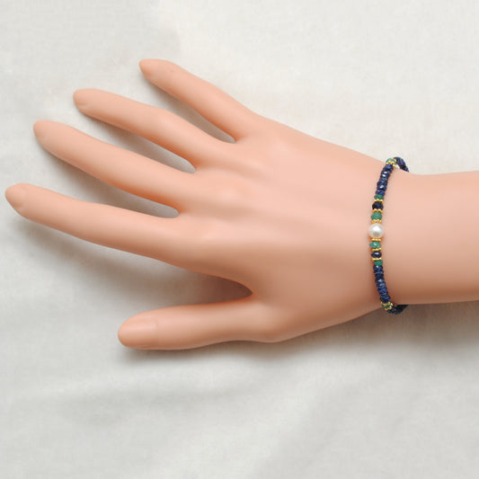 925 Silver Blue Sapphire, Emerald & Pearl Bracelet - view 3