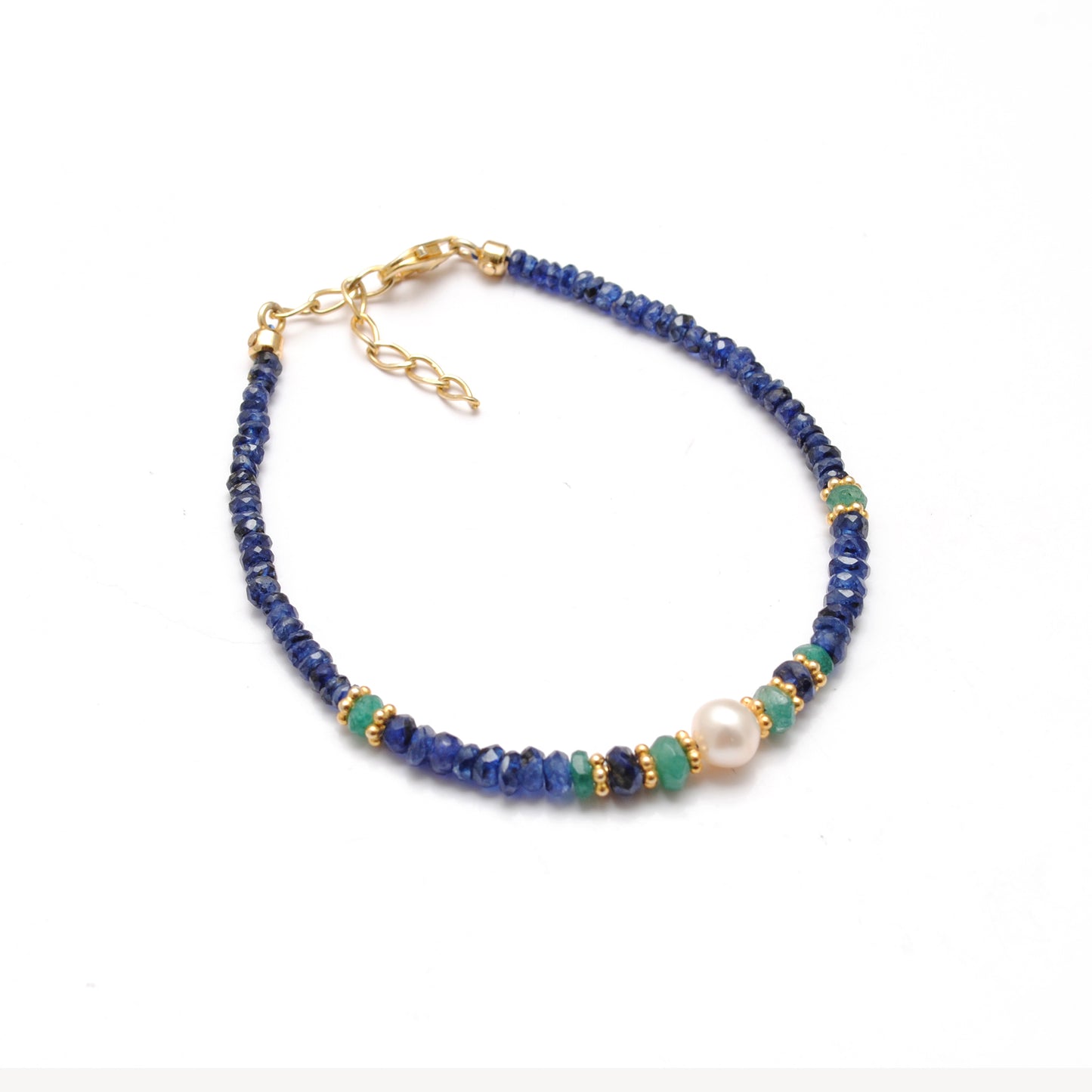 925 Silver Blue Sapphire, Emerald & Pearl Bracelet