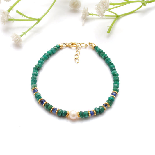 925 Sterling Silver Emerald & Sapphire Beaded Bracelet with Pearl - view 3