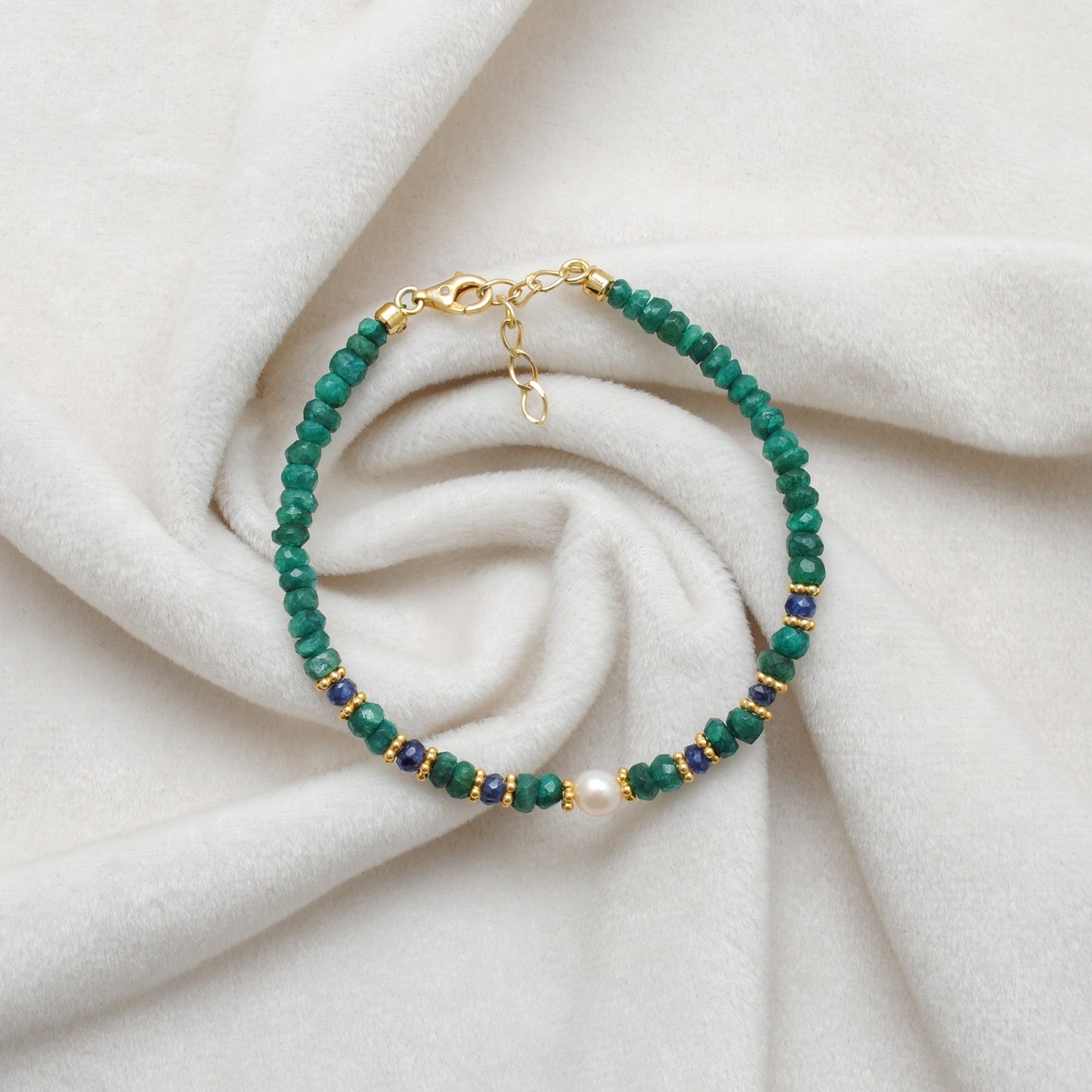 925 Sterling Silver Emerald & Sapphire Beaded Bracelet with Pearl