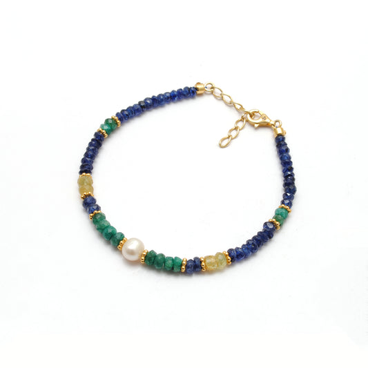 Natural Blue Sapphire, Emerald & Pearl Silver Bracelet - view 3