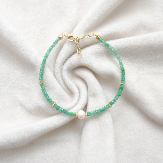 Natural 3mm Emerald & 6mmFreshwater Pearl Beaded 8" Bracelet