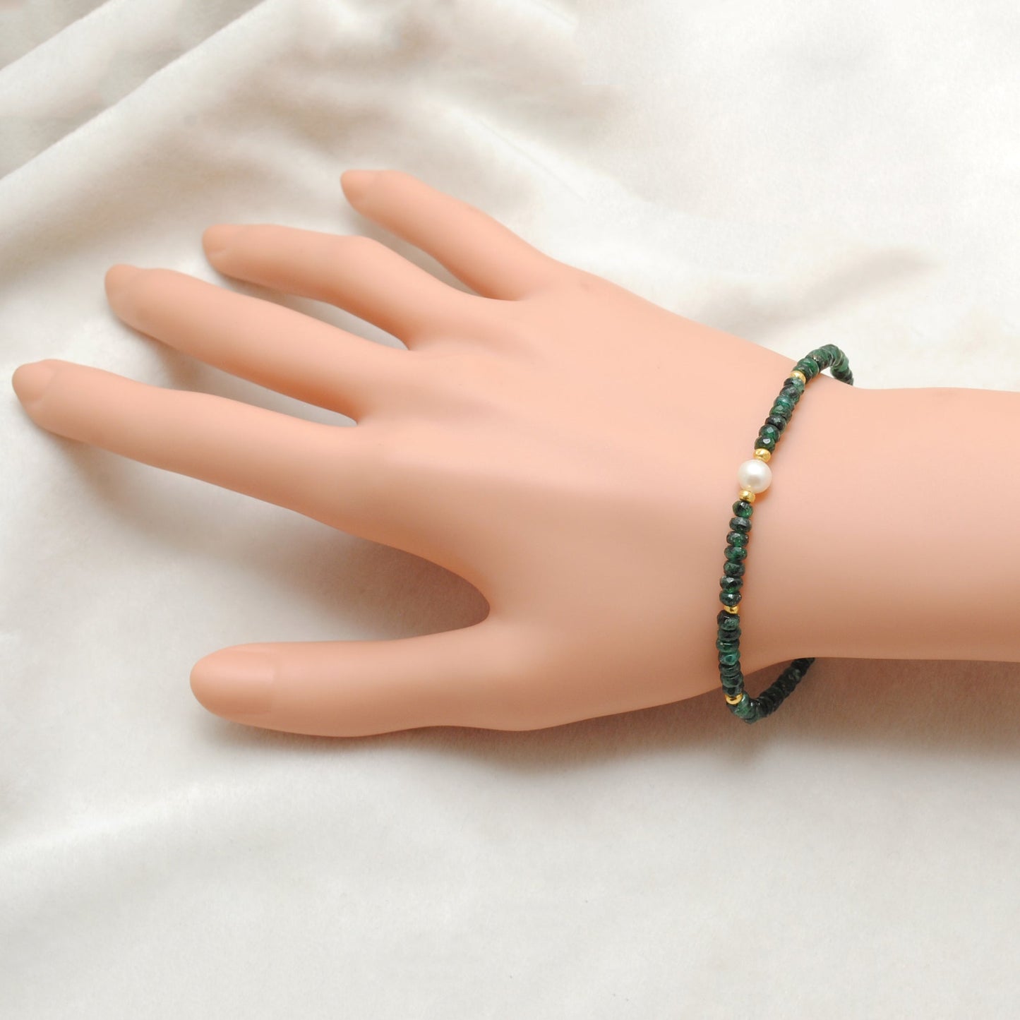 925 Sterling Silver Emerald & Pearl Beaded Bracelet Handmade Beaded Jewelry