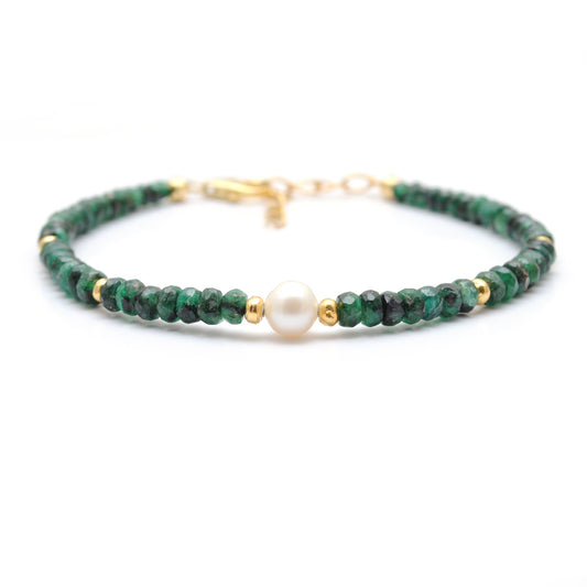 4mm Natural Emerald & 6mm Freshwater Pearl Beaded 8" Bracelet