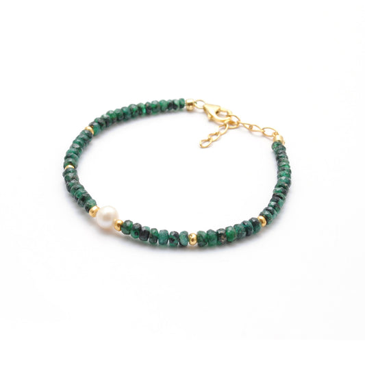 925 Sterling Silver Emerald & Pearl Beaded Bracelet Handmade Beaded Jewelry - view 3