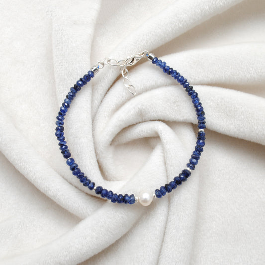 Natural 4mm Blue Sapphire & 6mm Pearl Beaded 8" Silver Bracelet