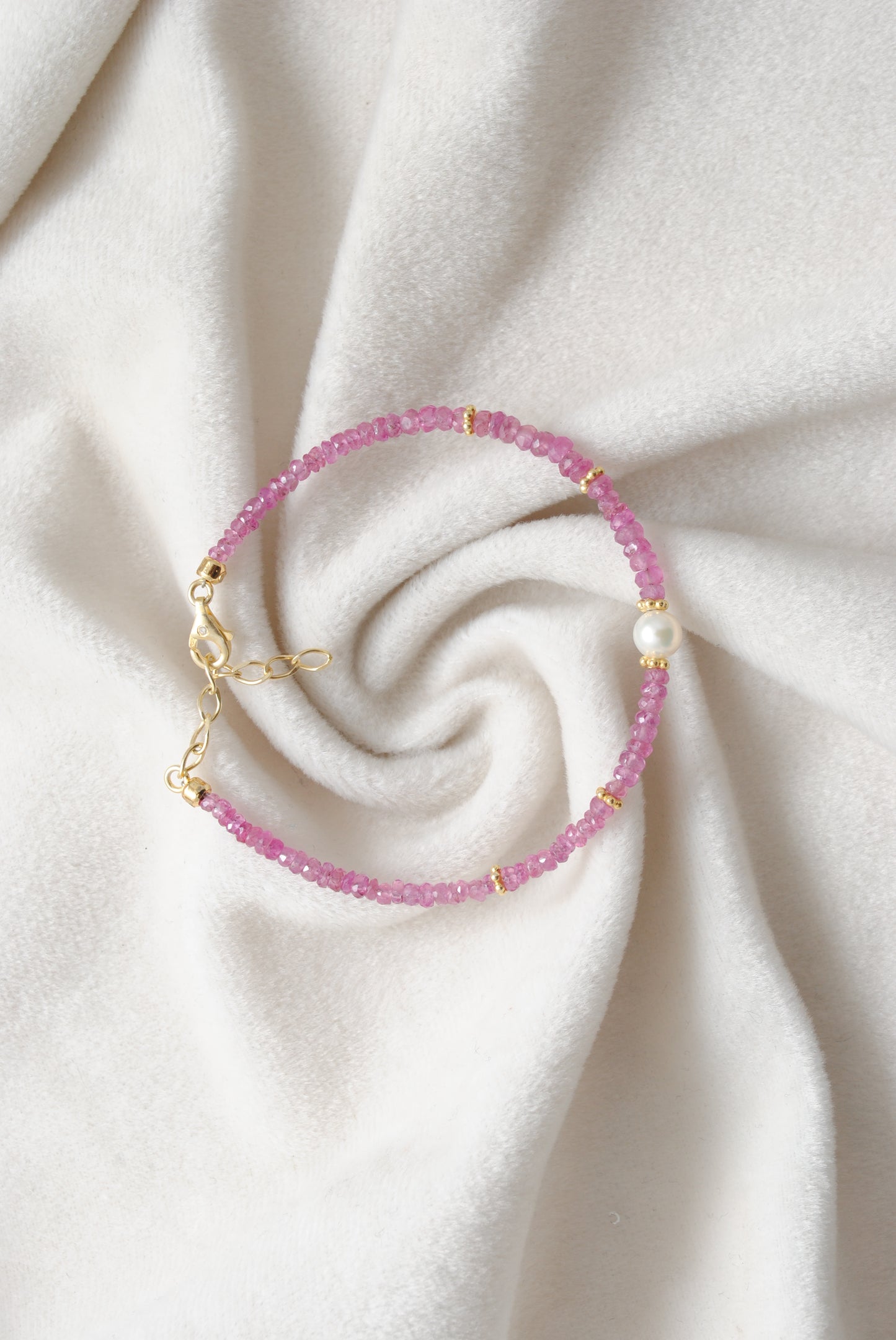 Natural 3.5mm Ruby & 6.5mm Pearl 925 Silver Beaded 8" Bracelet