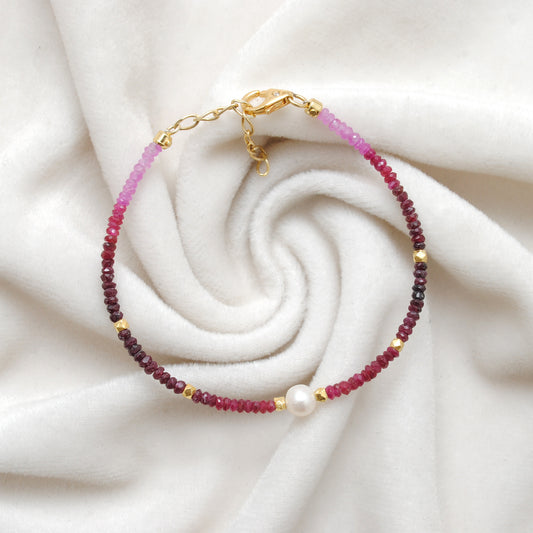 8" Natural Ruby & Freshwater Pearl Silver Bracelet – 3mm Faceted Ruby Beads