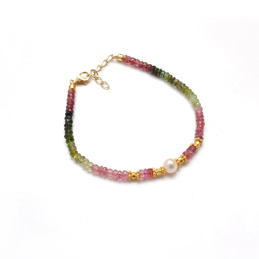 Natural Multi Tourmaline & Pearl with 925 Silver Bracelet - view 3