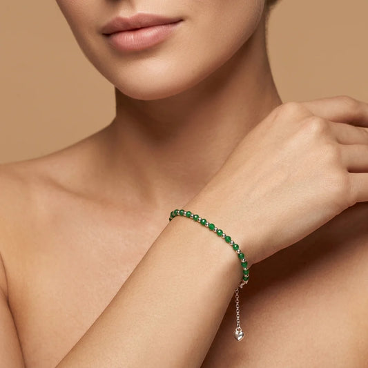 925 Sterling Silver Green Onyx Beaded Bracelet – Tiny Charm Jewelry Gift for Her