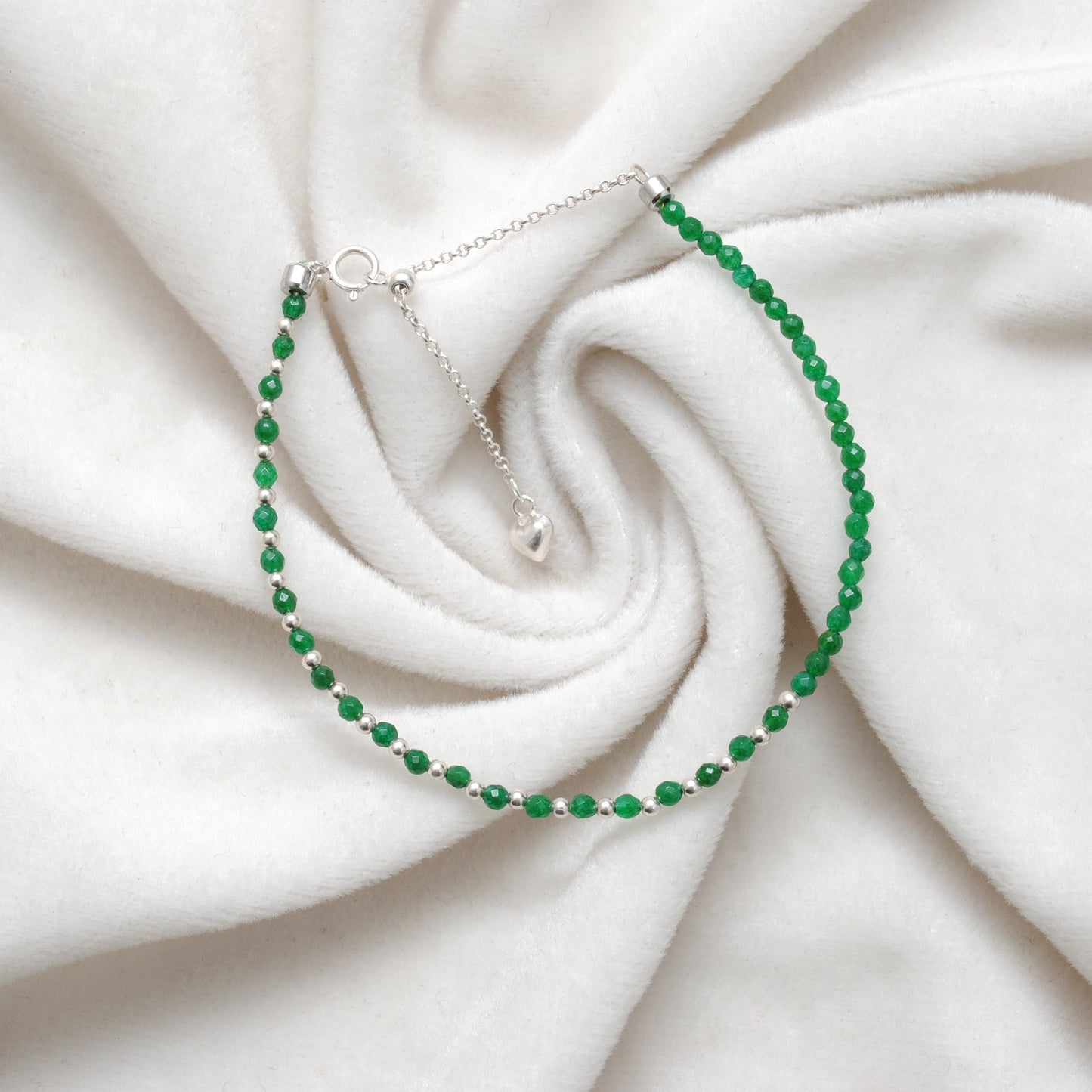 925 Sterling Silver Green Onyx Beaded Bracelet – Tiny Charm Jewelry Gift for Her