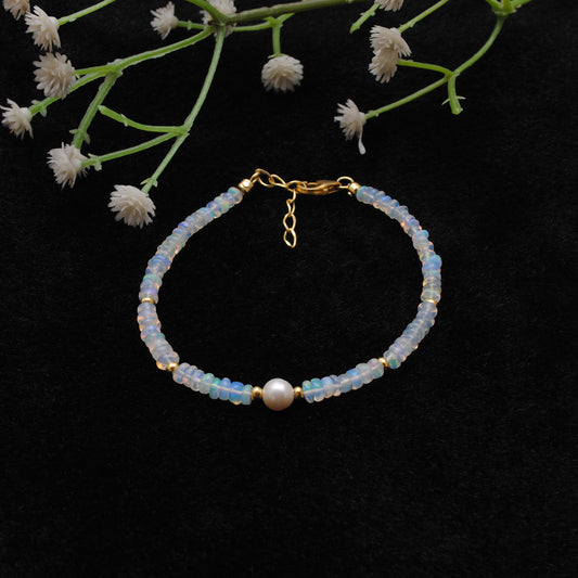 925 Silver 8 Inch Bracelet with 4mm Natural Ethiopian Opal & 6mm Freshwater Pearl - view 3