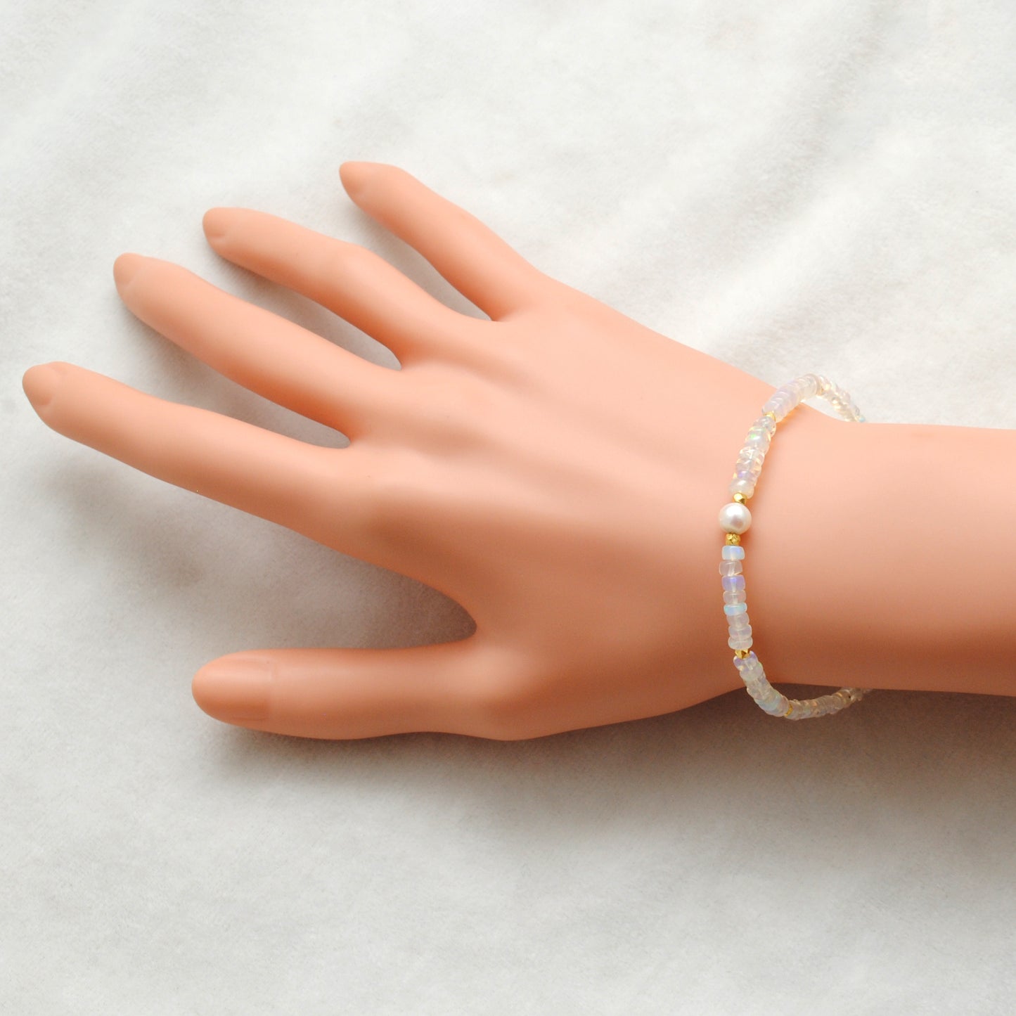 Handmade 8-Inch Silver Bracelet 4mm Natural Ethiopian Opal Beads 6mm Freshwater Pearls