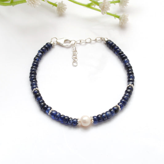 Natural Blue Sapphire Pearl Beaded Bracelet – 8" Long - view 3