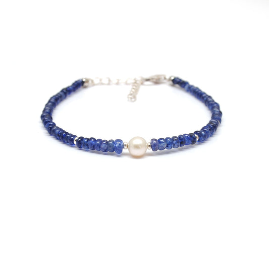 925 Sterling Silver Blue Sapphire & Pearl Bracelet, Handmade Gemstone Jewelry Gift - view 3