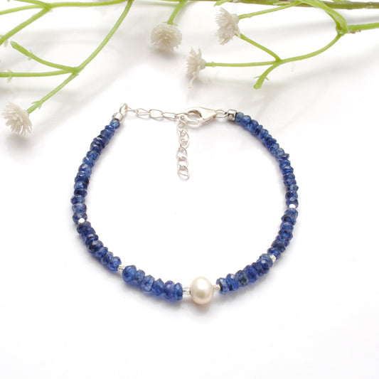 925 Silver Kyanite & Freshwater Pearl Bead Bracelet, 8 Inch - view 3