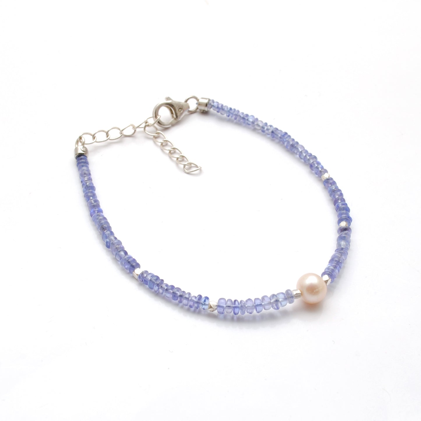 Natural Tanzanite & Pearl Silver Bracelet – 3mm Beads & 6mm Pearls – 8-Inch