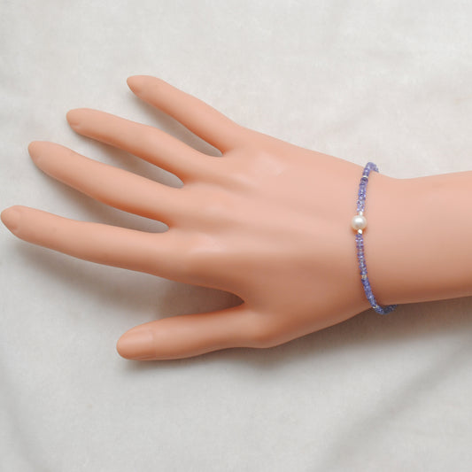 Natural Tanzanite & Pearl Silver Bracelet – 3mm Beads & 6mm Pearls – 8-Inch