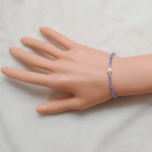 Natural Tanzanite & Pearl Silver Bracelet – 3mm Beads & 6mm Pearls – 8-Inch - view 3