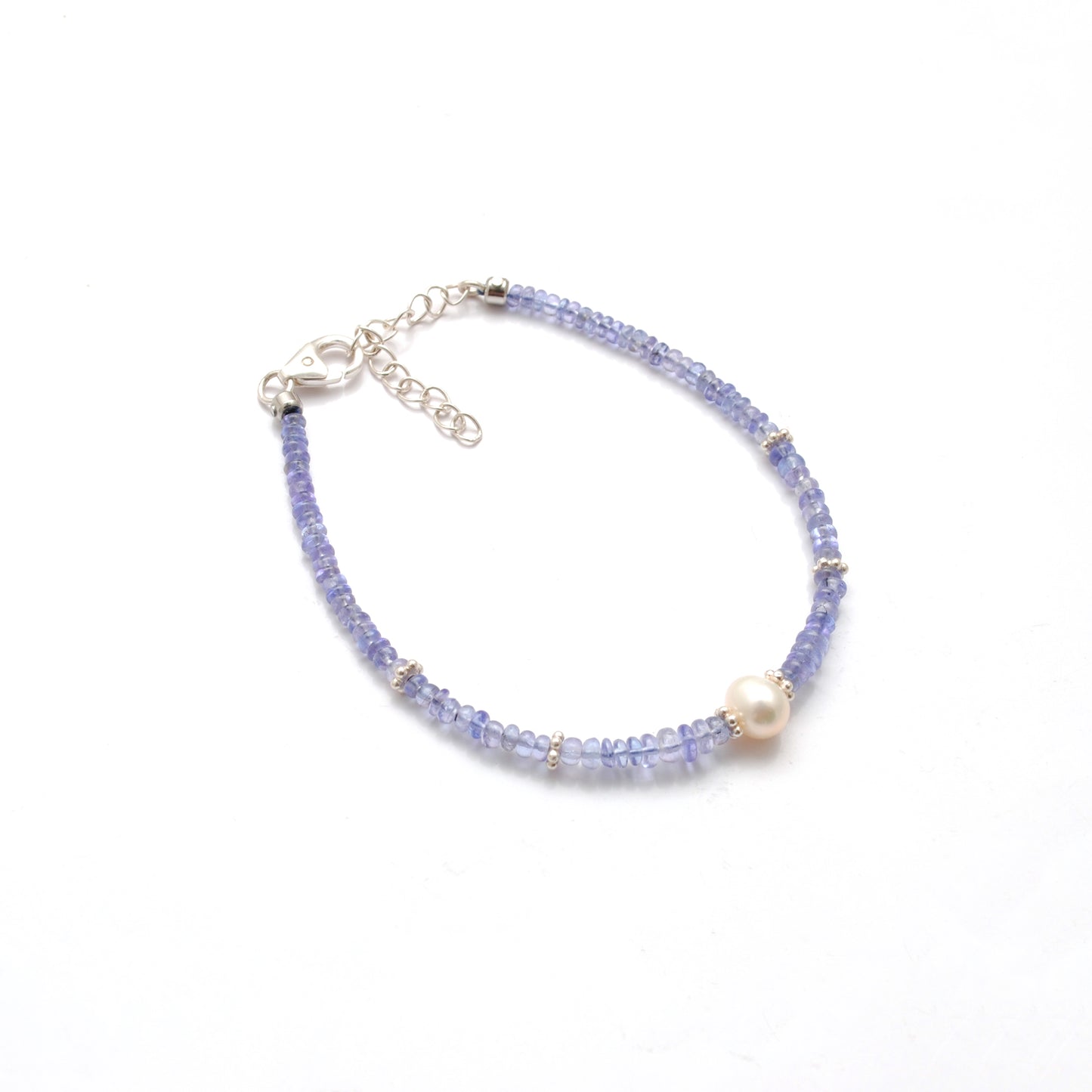 Handmade 8" Natural Tanzanite & Pearl Silver Bracelet
