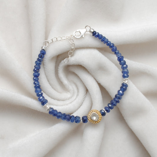 Natural Blue Sapphire & Diamond Beaded Bracelet in 925 Silver