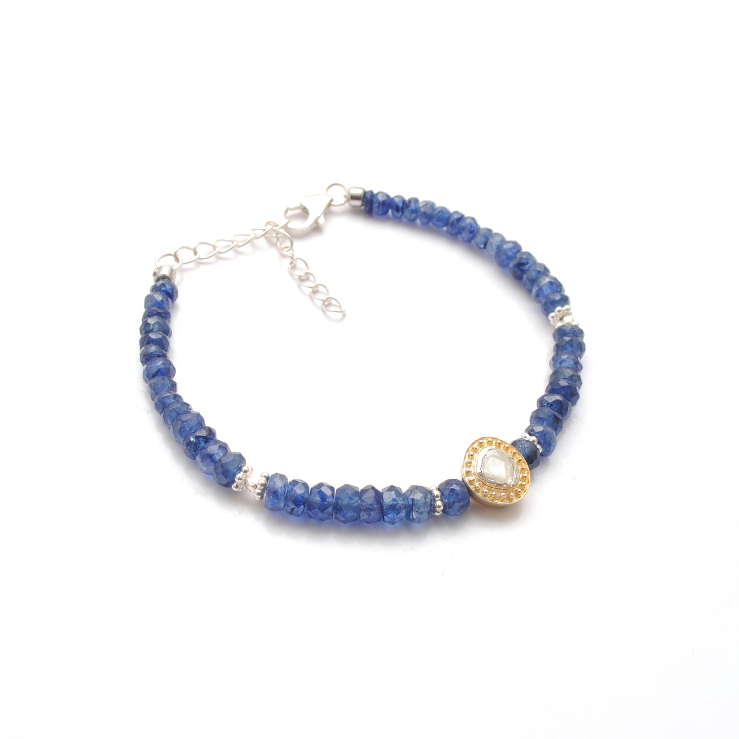Natural Blue Sapphire & Diamond Beaded Bracelet in 925 Silver
