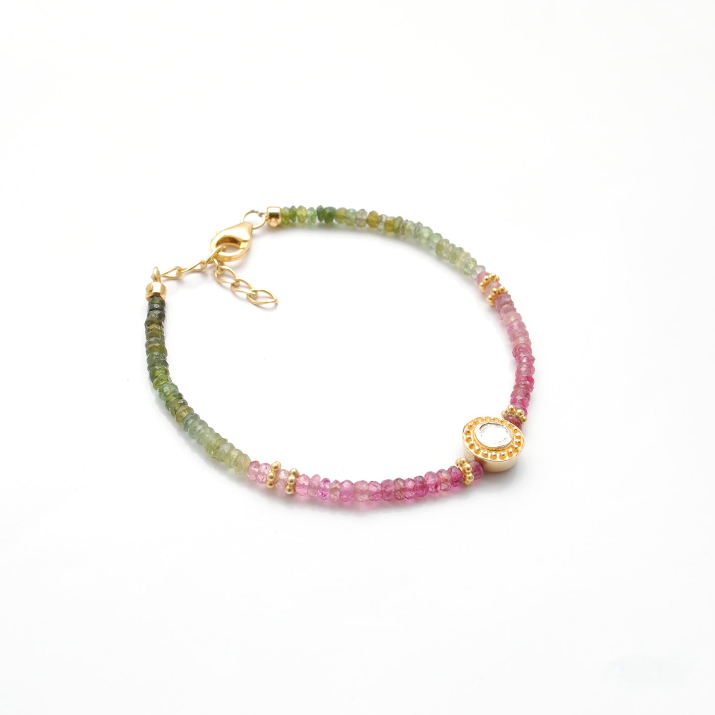 Handmade 8" Natural Multi Tourmaline & Diamond Silver Bracelet