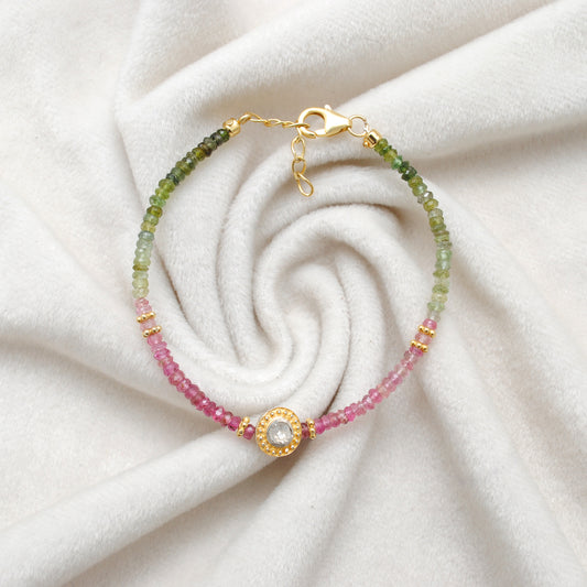 Handmade 8" Natural Multi Tourmaline & Diamond Silver Bracelet