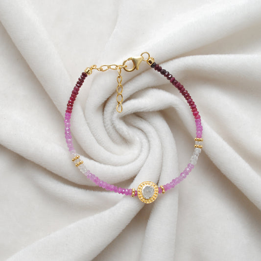 Handmade 925 Silver Natural 3mm Shaded Ruby and Diamond 8" Bracelet