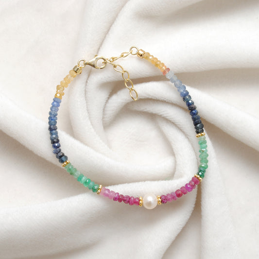 925 Silver Multi-Gemstone Beaded Bracelet – Blue Sapphire, Emerald, Ruby & Pearl - view 3
