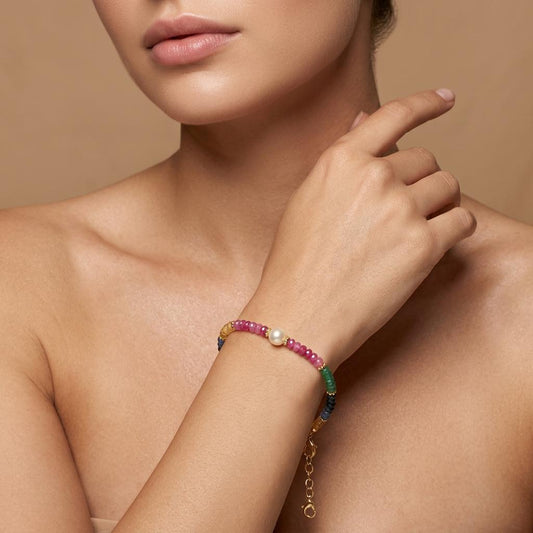 925 Silver Multi-Gemstone Beaded Bracelet – Blue Sapphire, Emerald, Ruby & Pearl